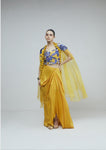 Yellow  Organza Applique Crop Top With Skirt And Organza Cape Set