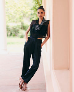 Black Organza Pleated Jacket Set With Pants