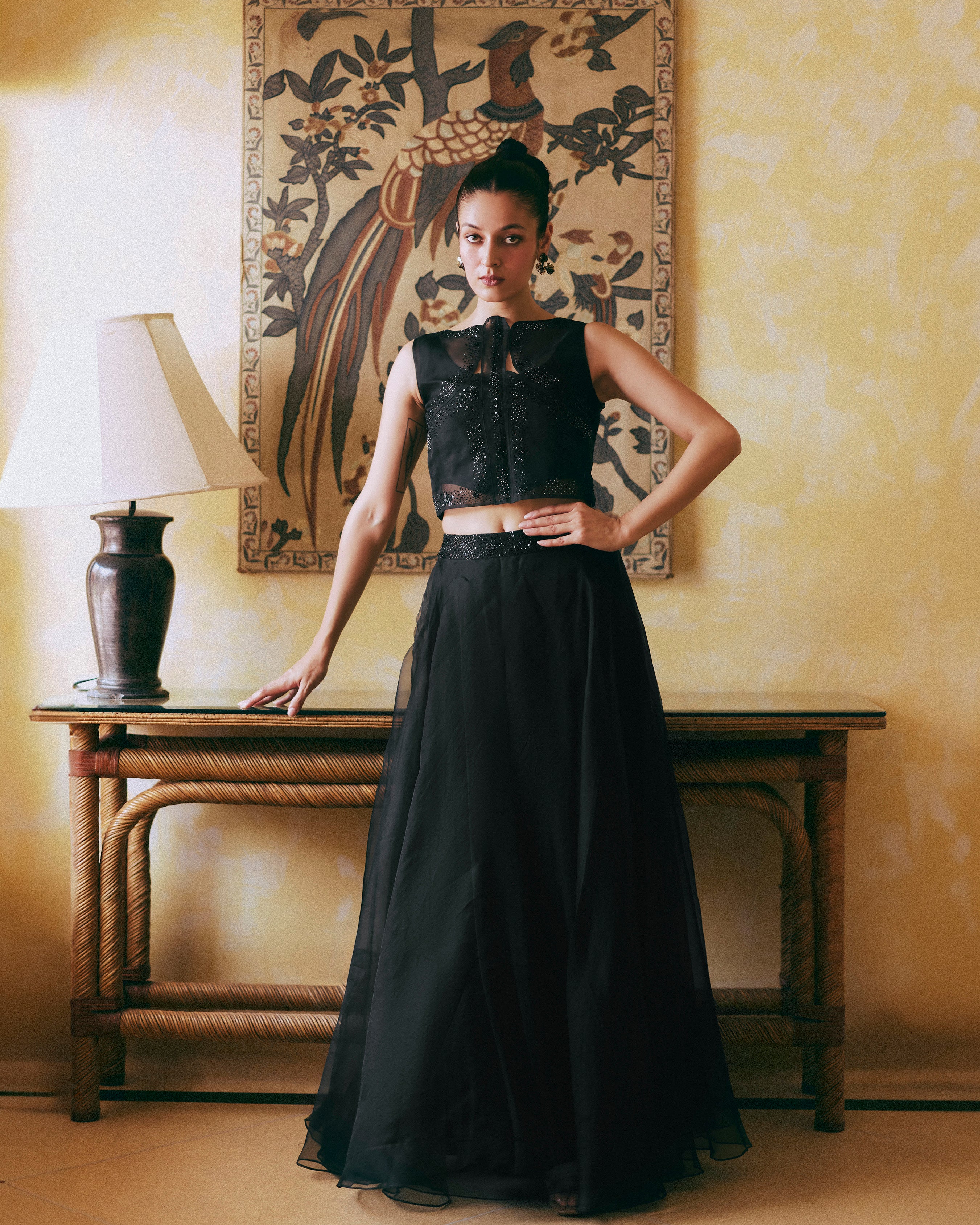 Black Organza Beaded Top and Skirt Set