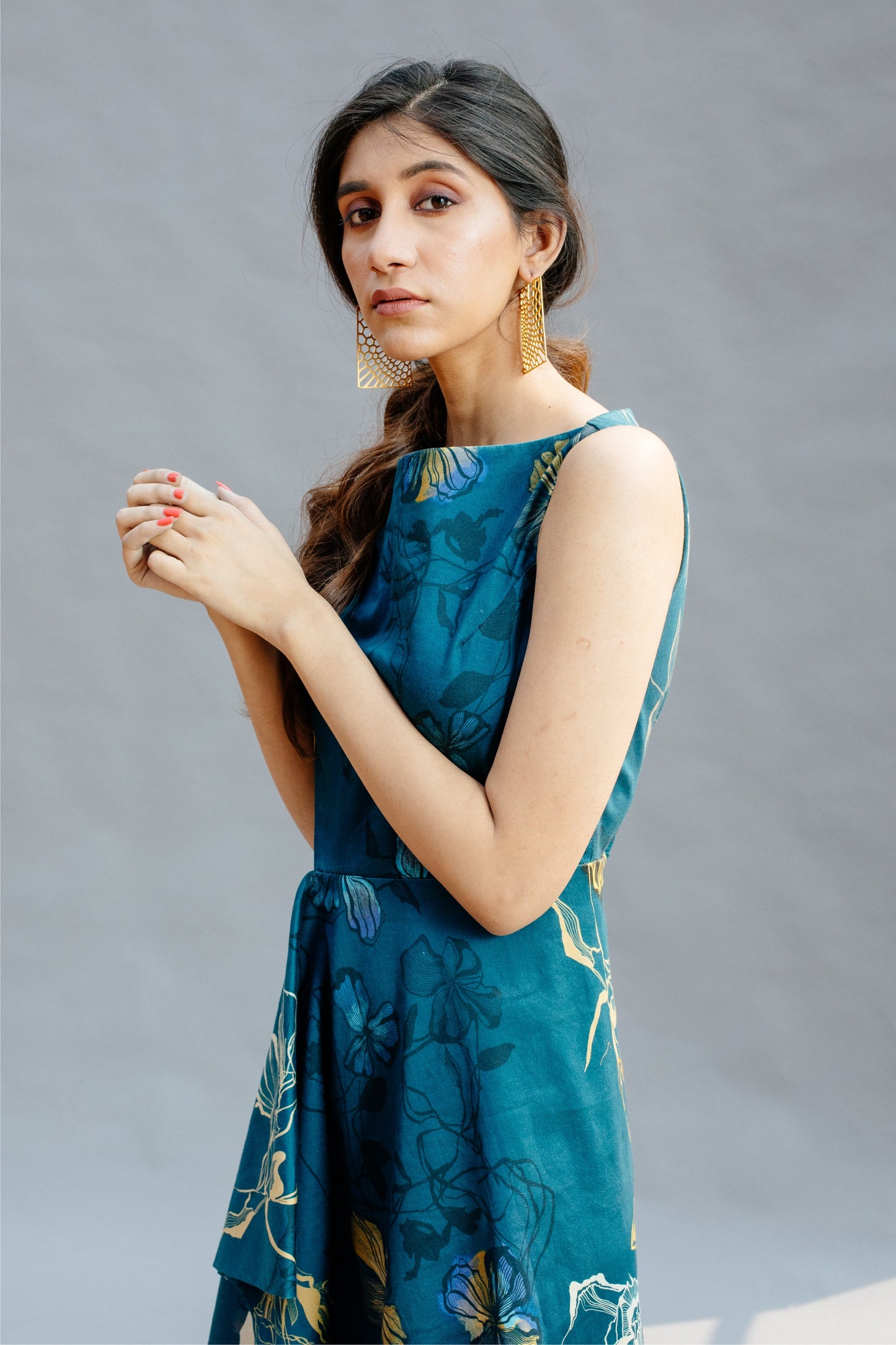 Teal Watercolour Boat Neck Dress