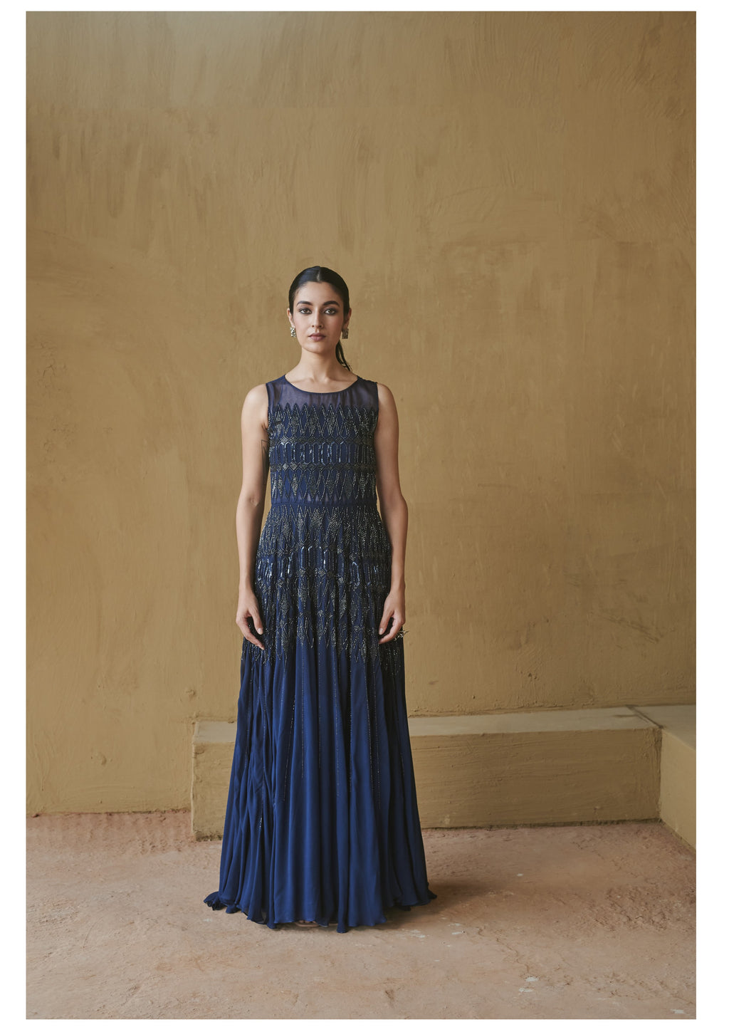 Navy Blue Sheer Applique Gown