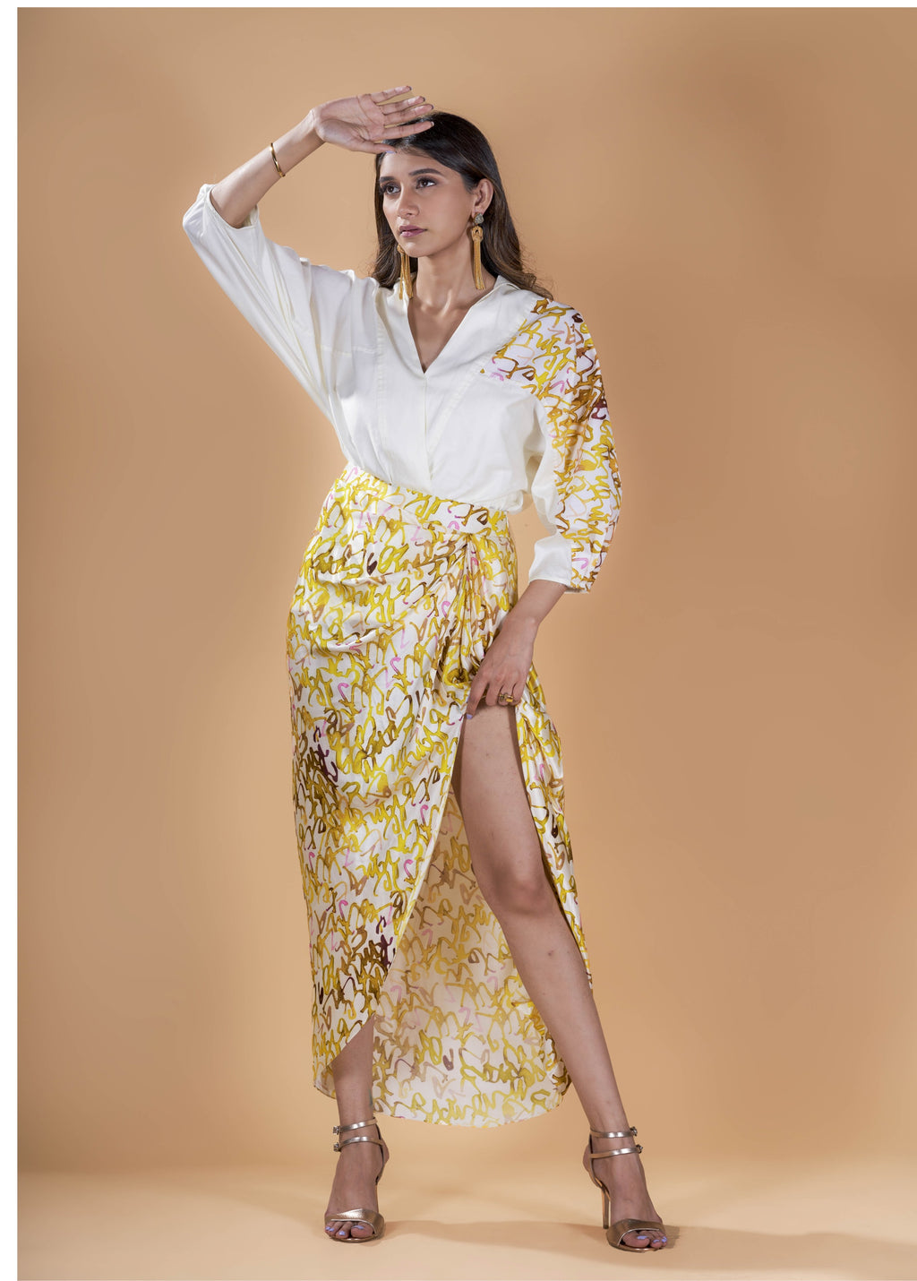 Offwhite drop shoulder wrap shirt with draped skirt set